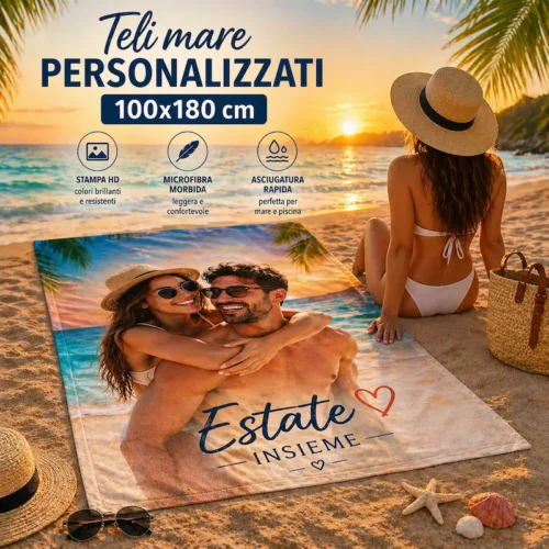 telo mare personalizzato 100x180 cm in microfibra con stampa foto su spiaggia