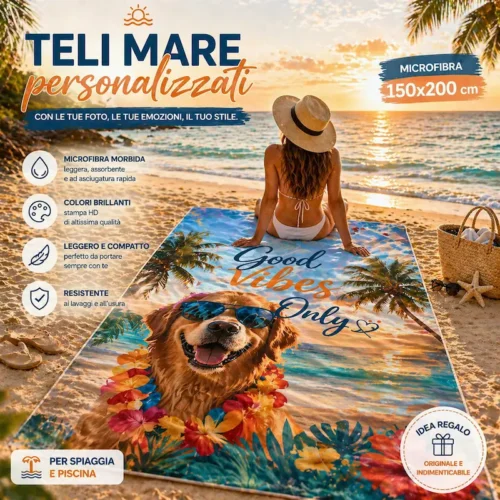 telo mare personalizzato 150x200 cm in microfibra con stampa foto su spiaggia